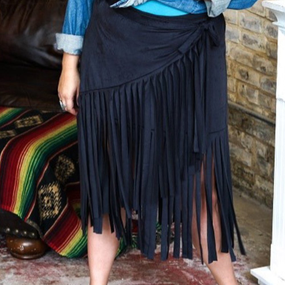 Black Suede Bohemian Fringe Skirt